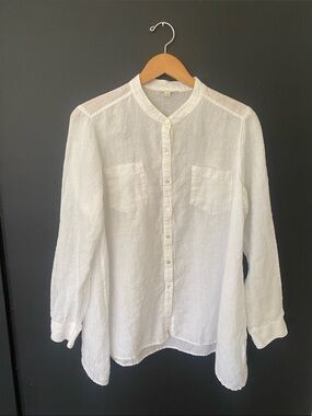 Eileen Fisher Organic White Linen Band-Collar Button-Down Shirt